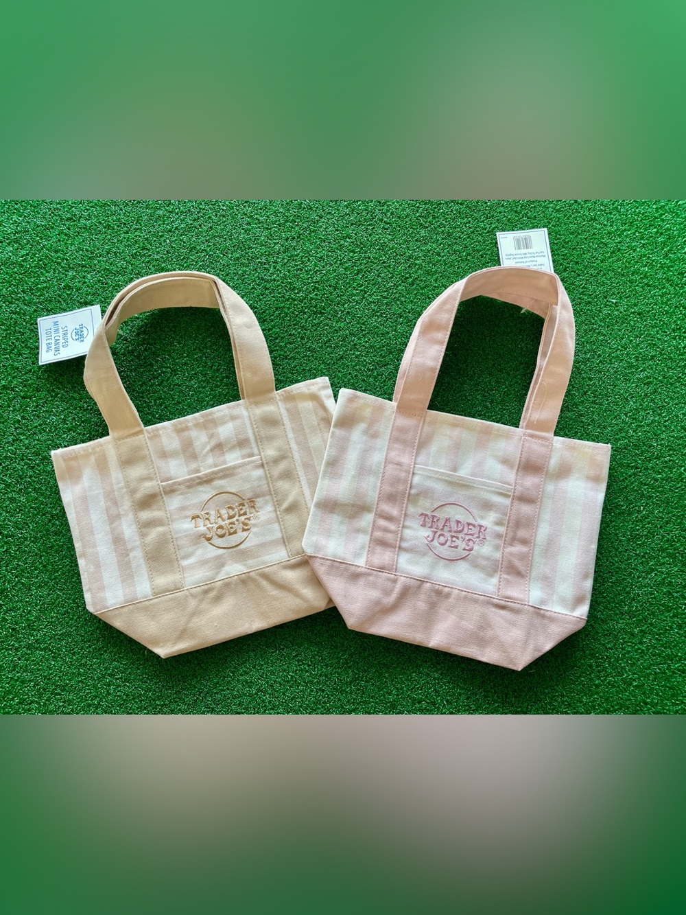 Trader Joe’s reusable canvas striped mini tote bags beige pink 
Lot of 2
